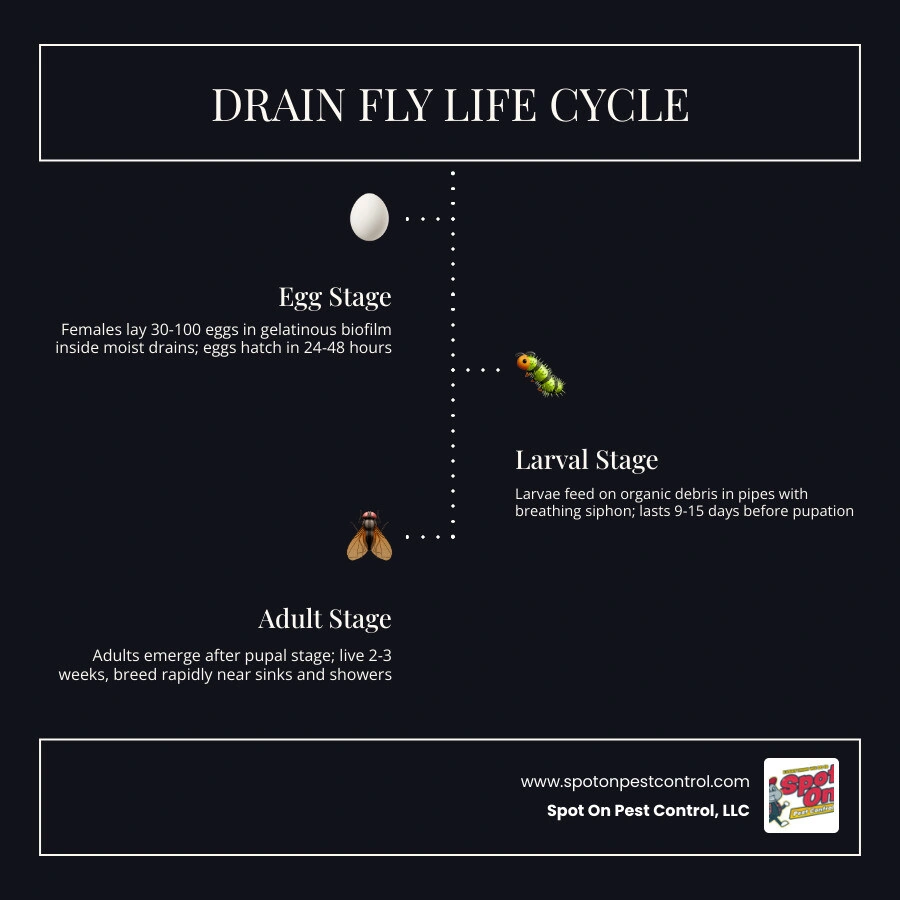 Drain fly life cycle infographic showing egg to larva to pupa to adult stages with timeline of 8 to 24 days infographic Drain fly life cycle infographic showing egg to larva to pupa to adult stages with timeline of 8 to 24 days infographic