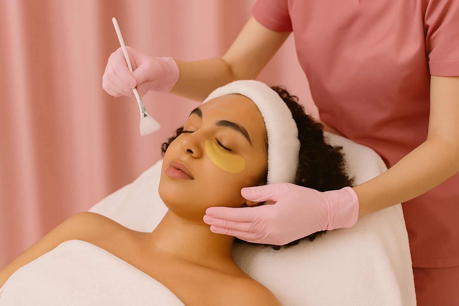 A relaxed client receiving the soothing Himalayan Rose facial, with an esthetician applying a treatment to her forehead with a soft brush.