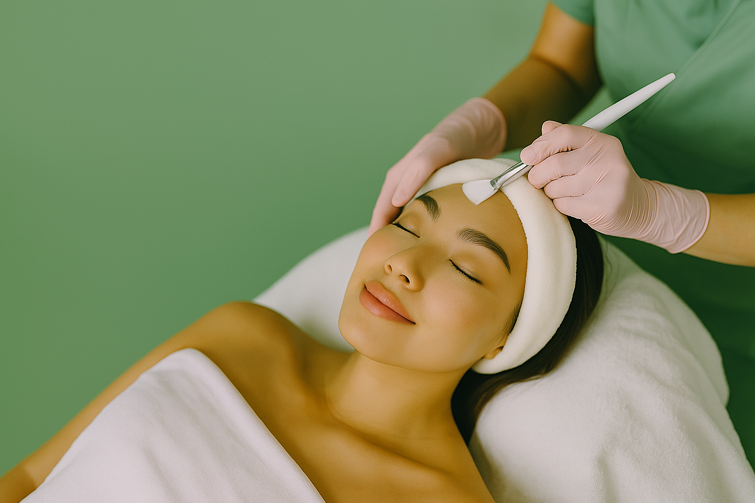 A serene client receiving the reparative Healing Hemp facial, with an esthetician's hands applying a clarifying treatment near her temple.