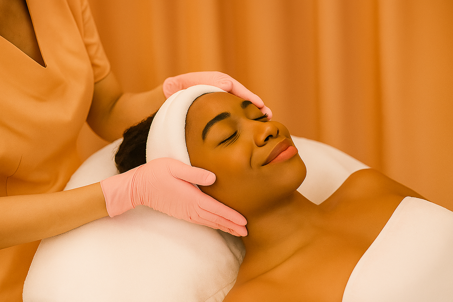 A client with glowing skin receiving the brightening Vitamin C facial, with an esthetician's hands gently holding her jawline.