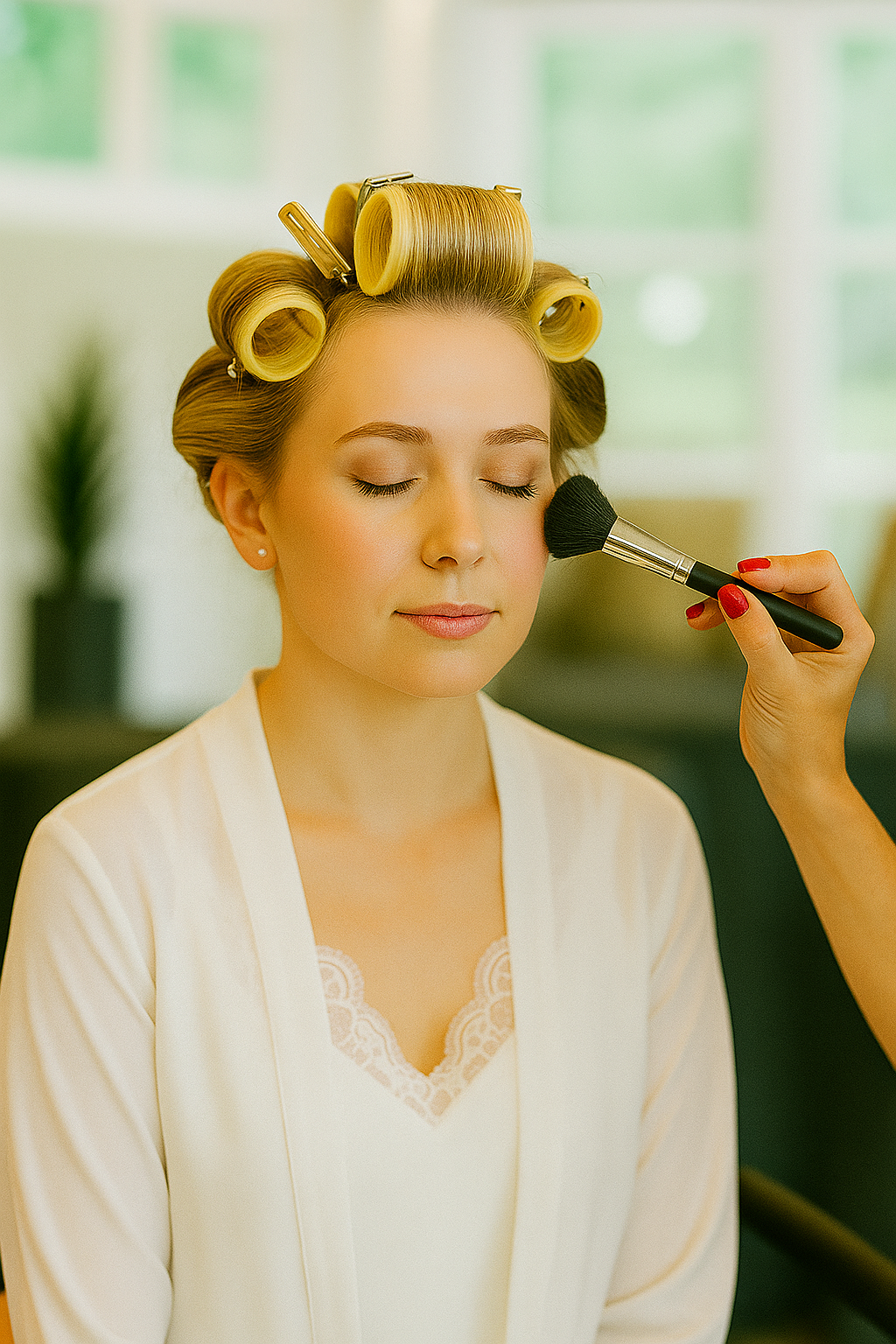 A woman with her hair in curlers receiving a professional special occasion makeup application with a soft powder brush.