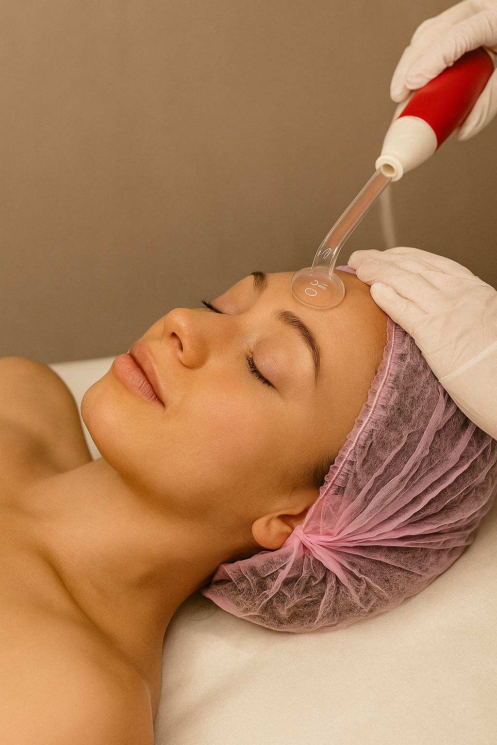 A client receiving a professional purifying treatment with a high-frequency wand on her forehead.