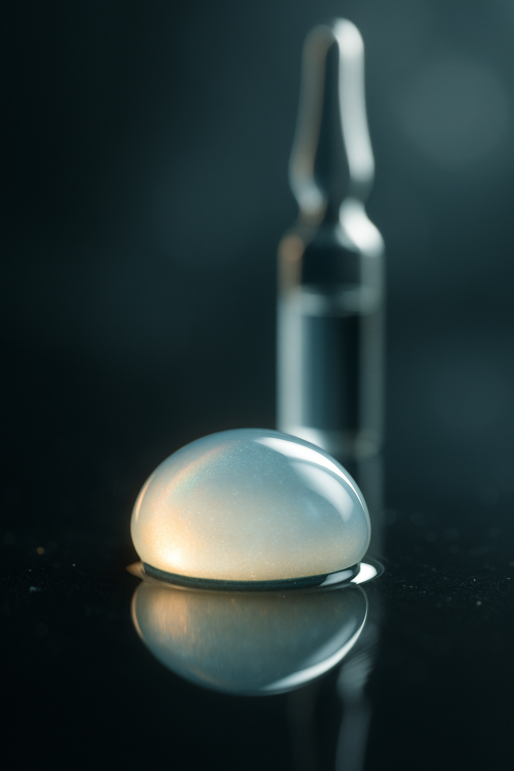 A clinical photo of a sealed glass ampoule next to a pearl of concentrated treatment serum.