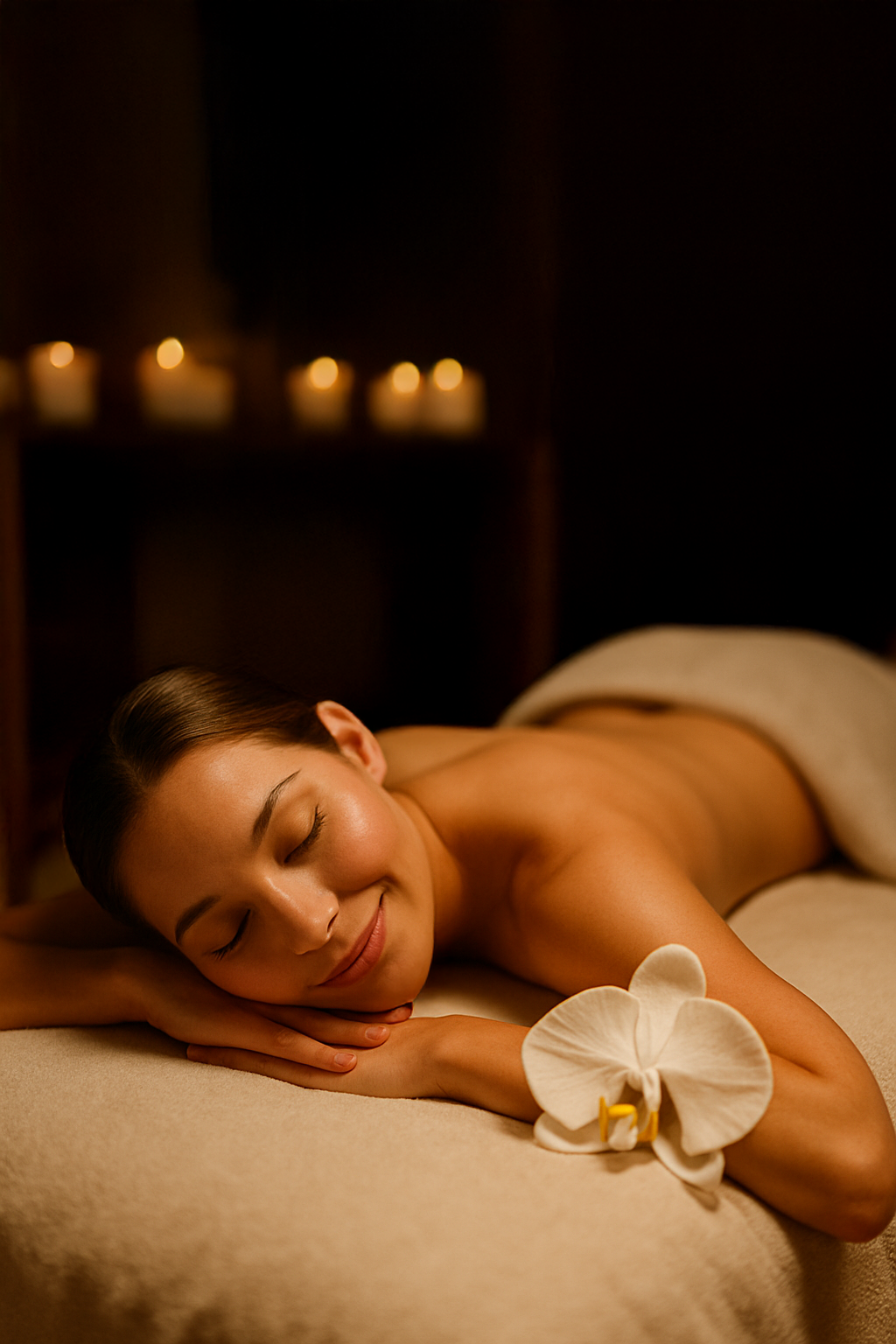 A woman in a state of deep relaxation on a massage table during a therapeutic thermal massage, with ambient candles in the background.