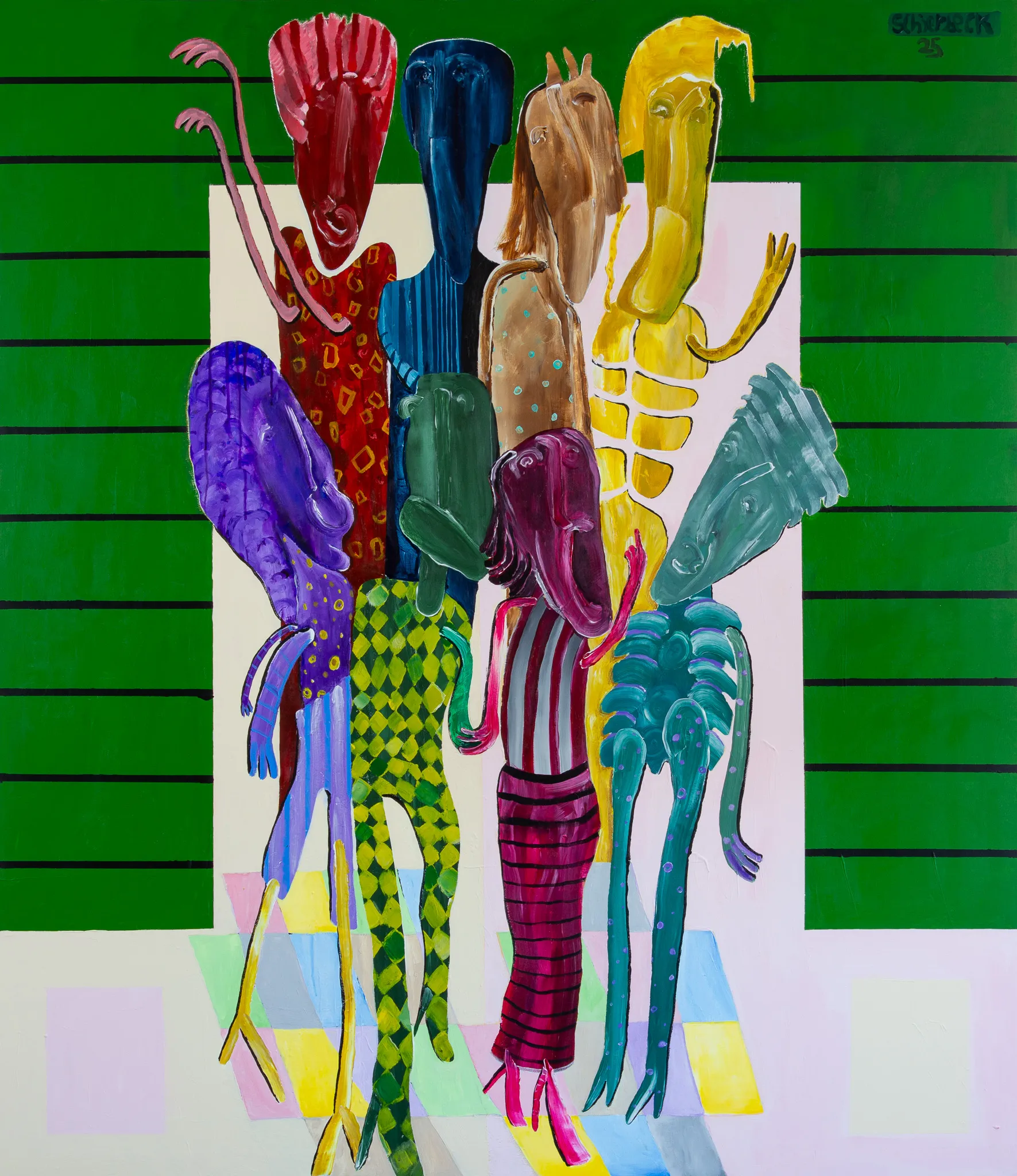 "topscoreren", by Ulrik Schjerbeck, acryllic on canvas, 2025