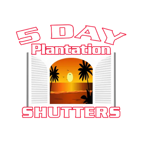 Logo featuring open white plantation shutters revealing a sunset with palm trees and birds, with text '5 Day Plantation Shutters'.