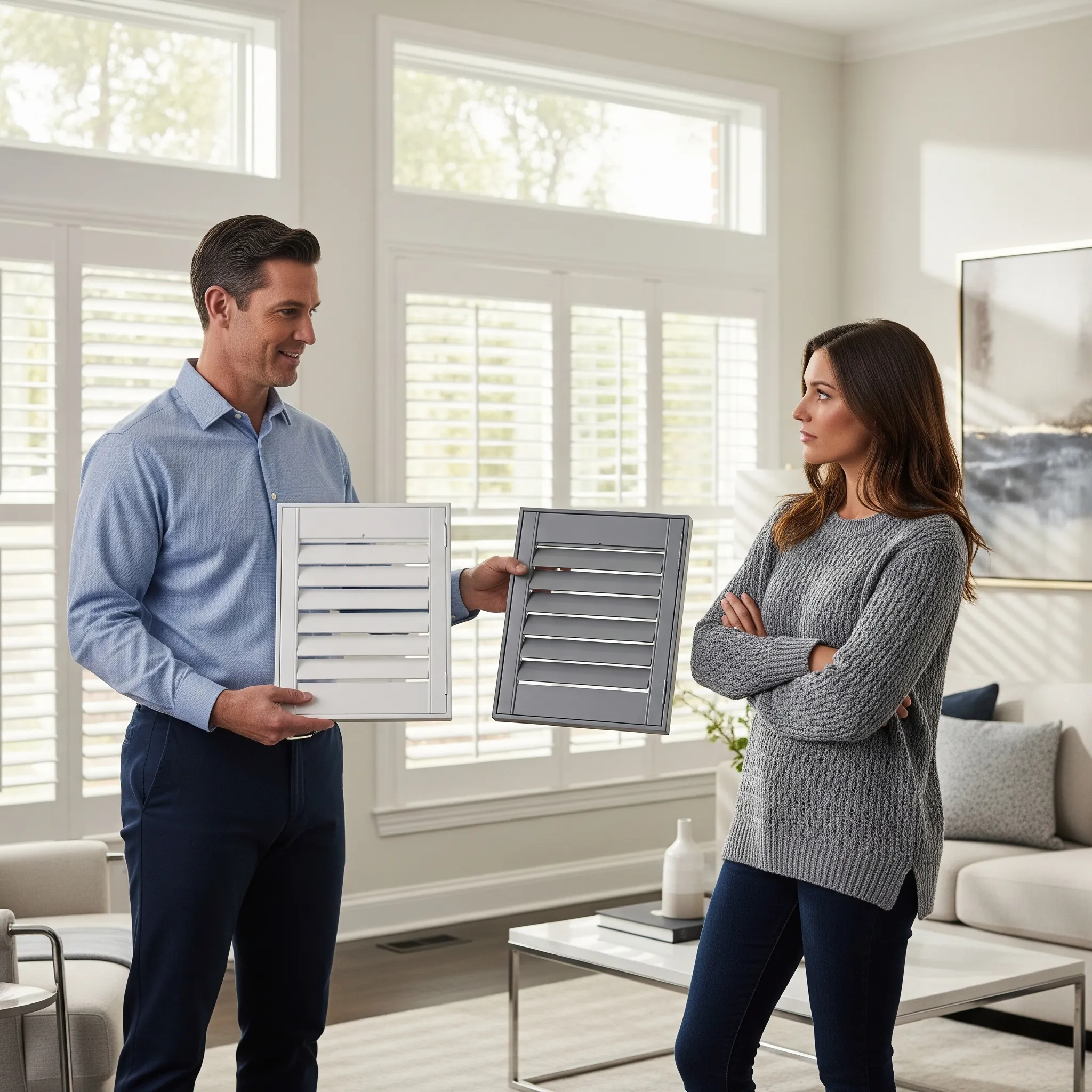 Man holding two window shutter samples, one white and one gray, talking to a woman with folded arms in a bright living room.