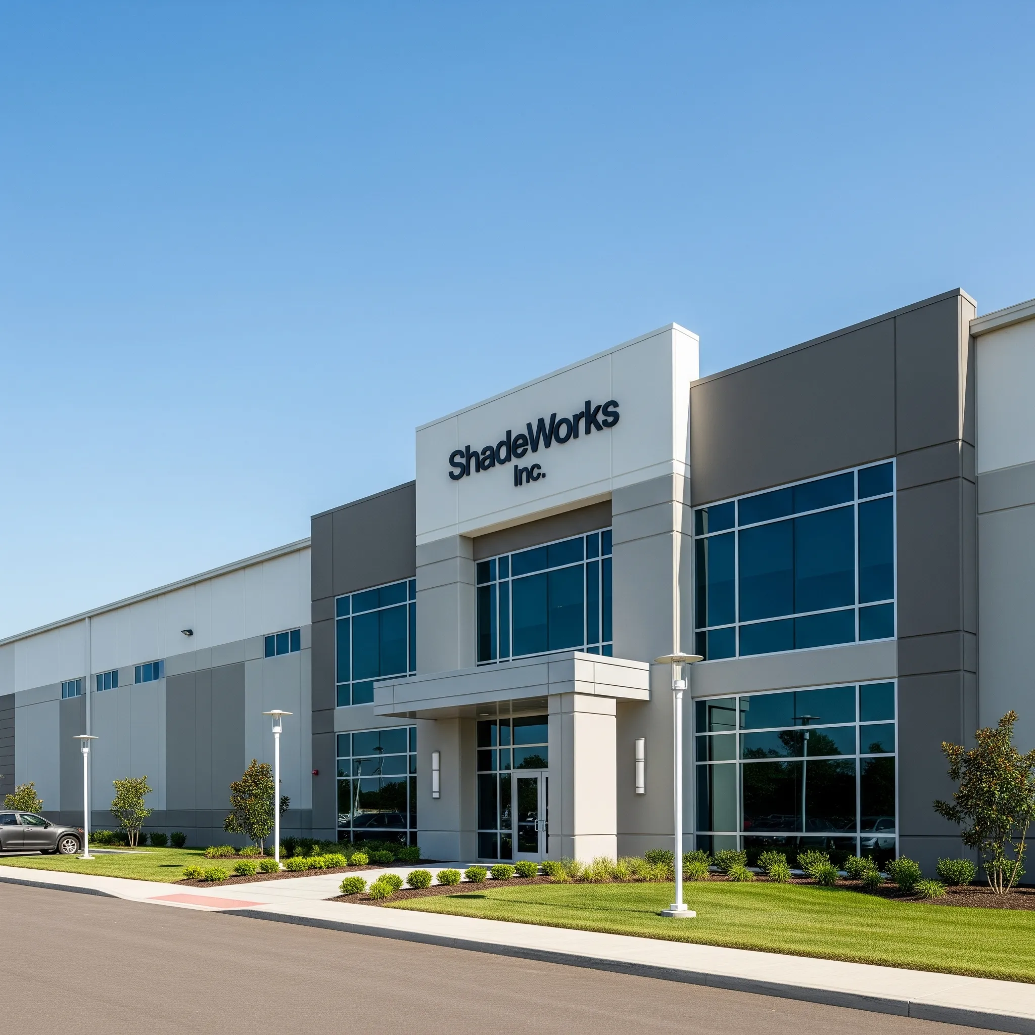 Modern industrial building with ShadeWorks Inc. signage, large windows, and landscaped front lawn under a clear blue sky.
