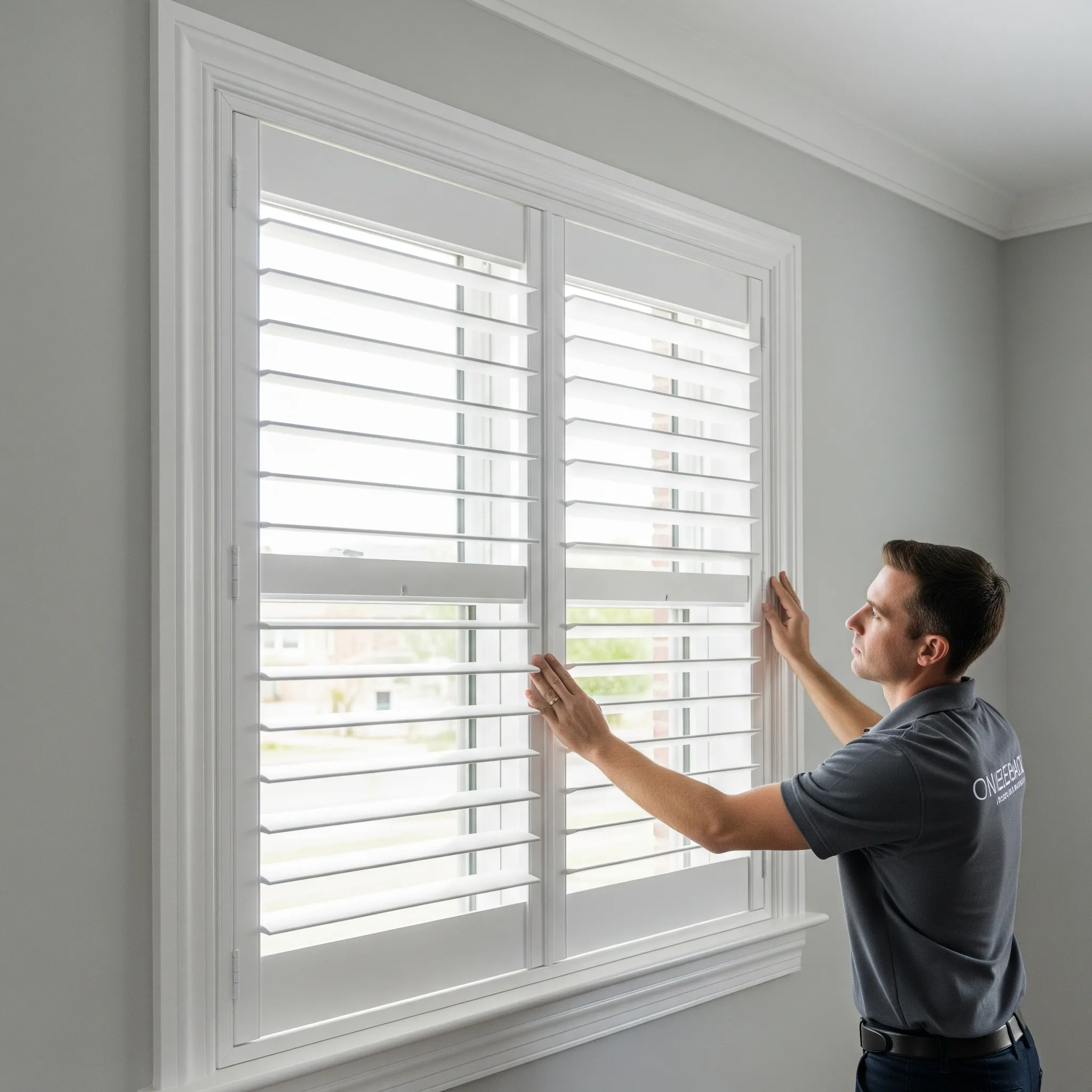Man installing or adjusting white plantation shutters on a window inside a bright room.