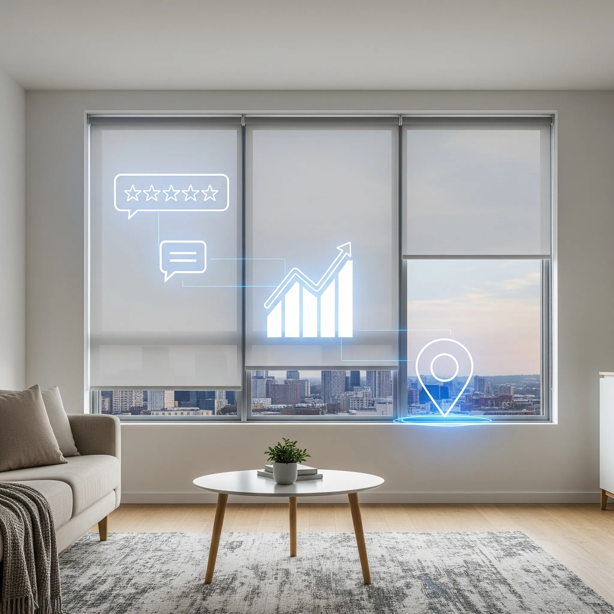 Modern living room with beige sofa, white coffee table, and large windows showing city skyline and digital icons for ratings, comments, growth chart, and location.