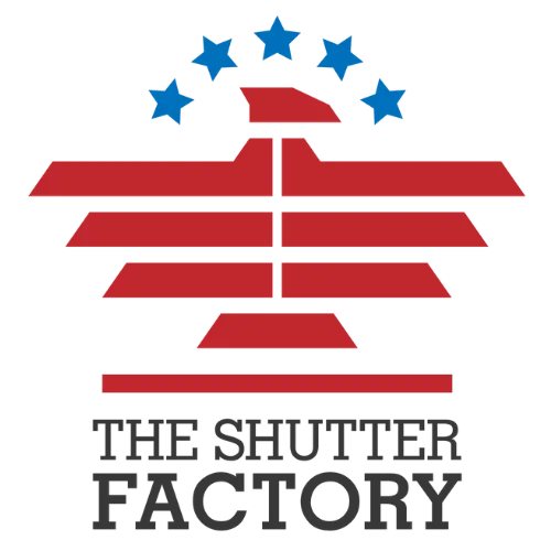 Logo of The Shutter Factory featuring a stylized red eagle with five blue stars above and the company name below.