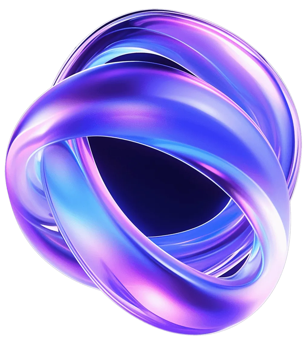 Glossy interwoven torus-shaped rings with a metallic purple and blue gradient on a black background.