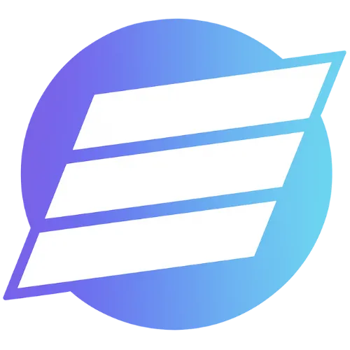 Three white horizontal parallel bars inside a circular speech bubble with a blue to purple gradient background.