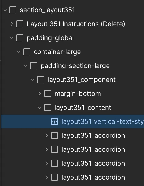 Screenshot of a nested folder structure in a code editor showing folders and components with names like section_layout351, padding-global, container-large, layout351_component, and multiple layout351_accordion entries.