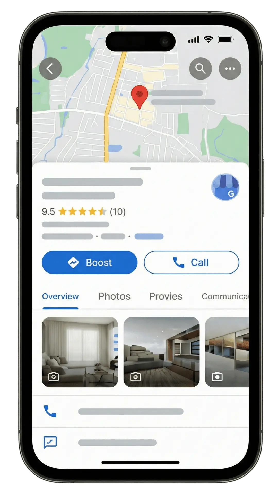 Smartphone displaying a map app with a red location pin, business rating of 9.5 with stars, and options to Boost or Call, plus photos of interiors.