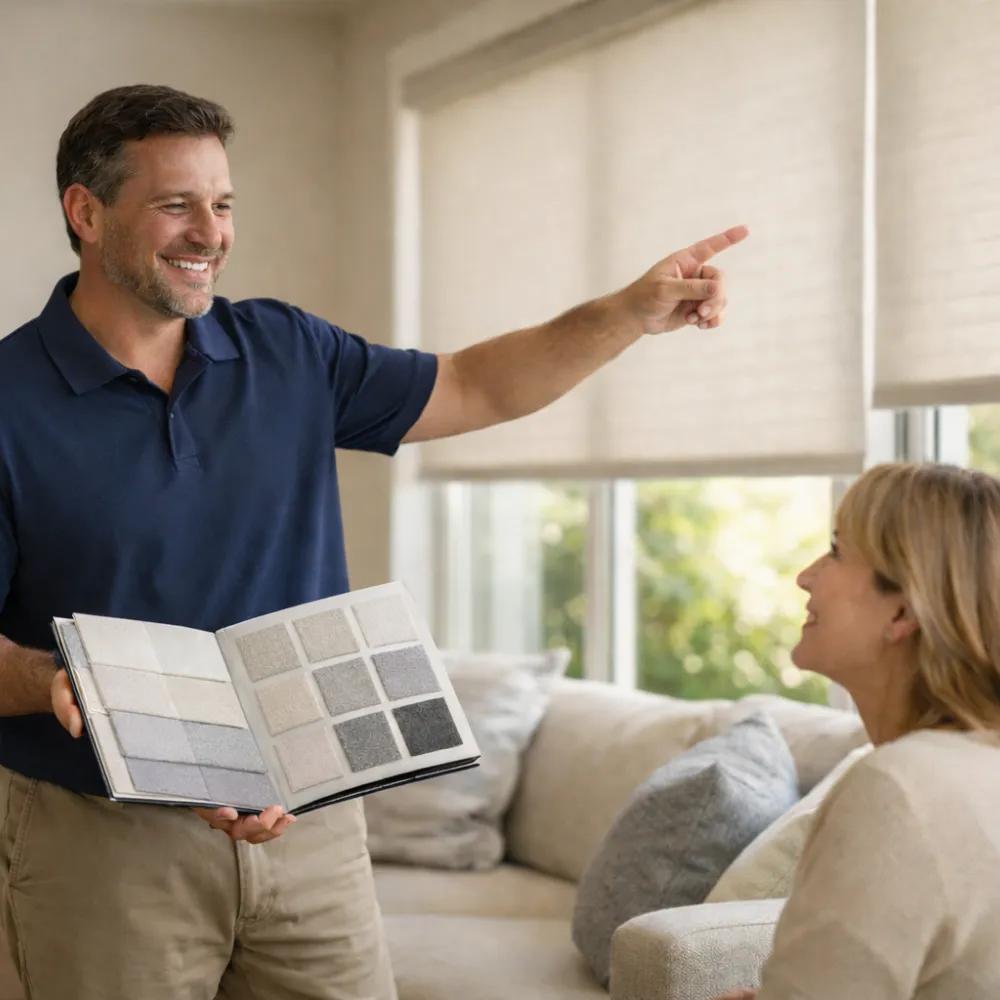 Smiling man showing fabric swatches to a seated woman in a bright living room.