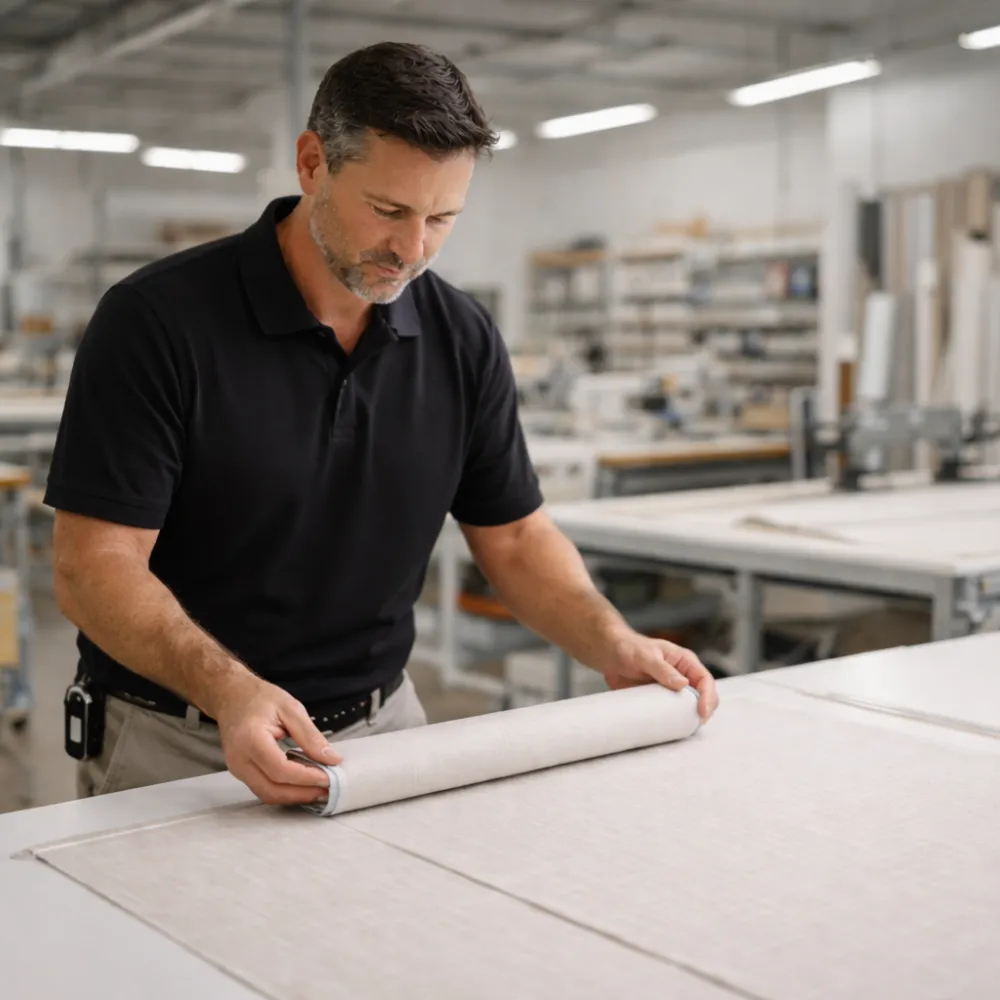 Man in black shirt carefully rolling fabric on a large workstation in a textile manufacturing facility.