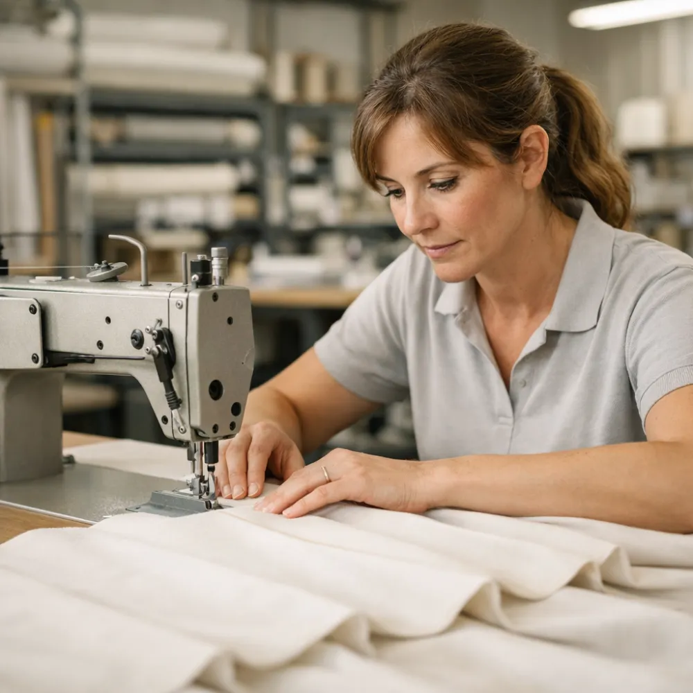 Woman using a sewing machine to stitch white fabric in a workshop.