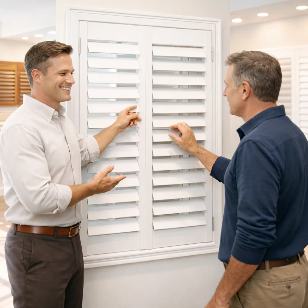 Two men examining and adjusting white plantation shutters in a showroom.