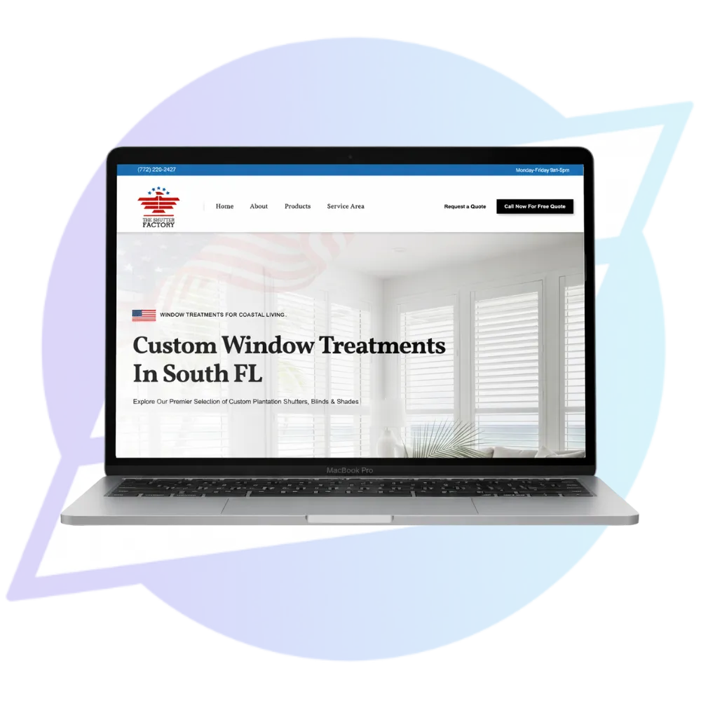 Laptop displaying a website offering custom window treatments in South Florida with a coastal living theme.