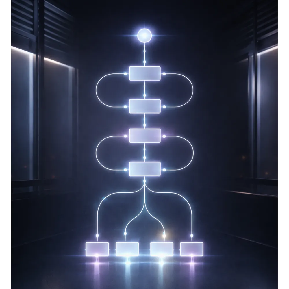 Glowing digital flowchart with interconnected rectangles and circles on a dark futuristic background.