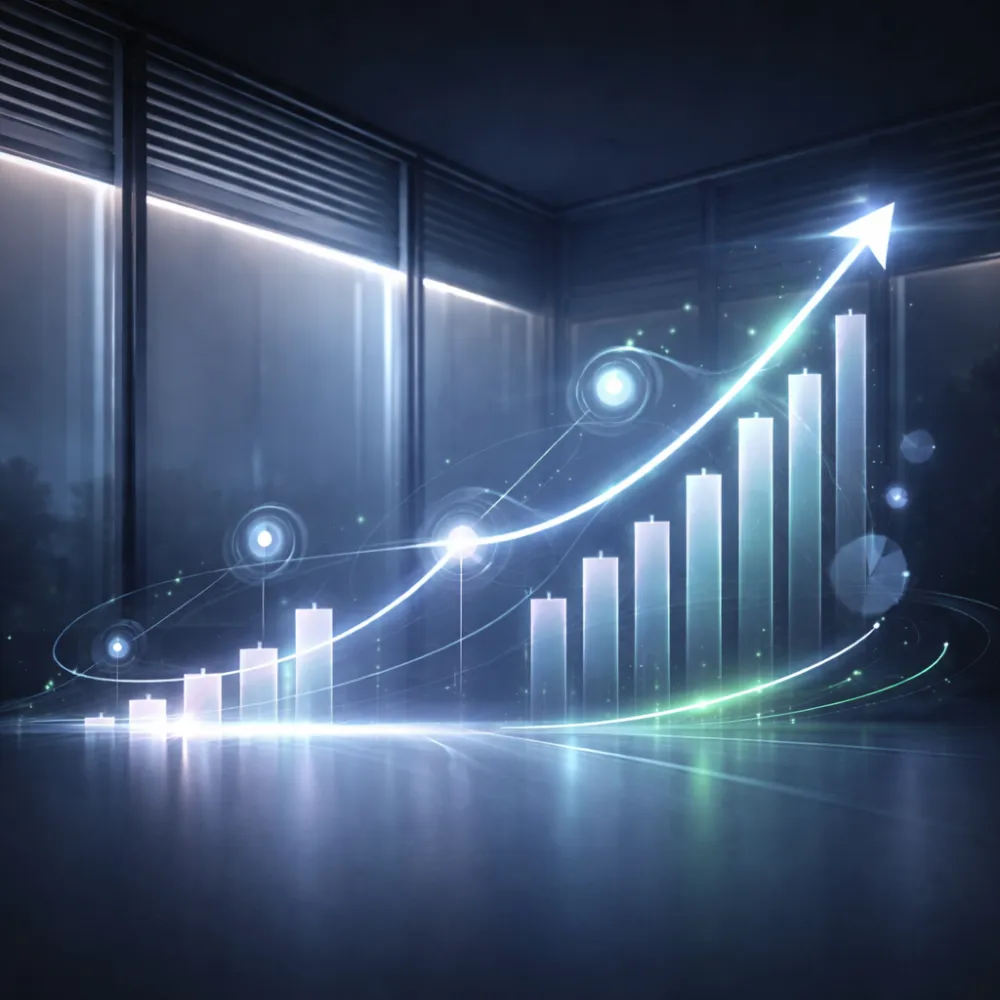 Futuristic glowing bar chart with an upward trending arrow in a dark room with large windows.