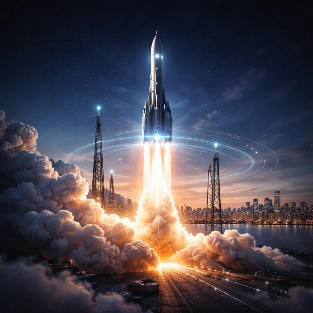 Rocket launching at night with bright flames and smoke rising against a city skyline.