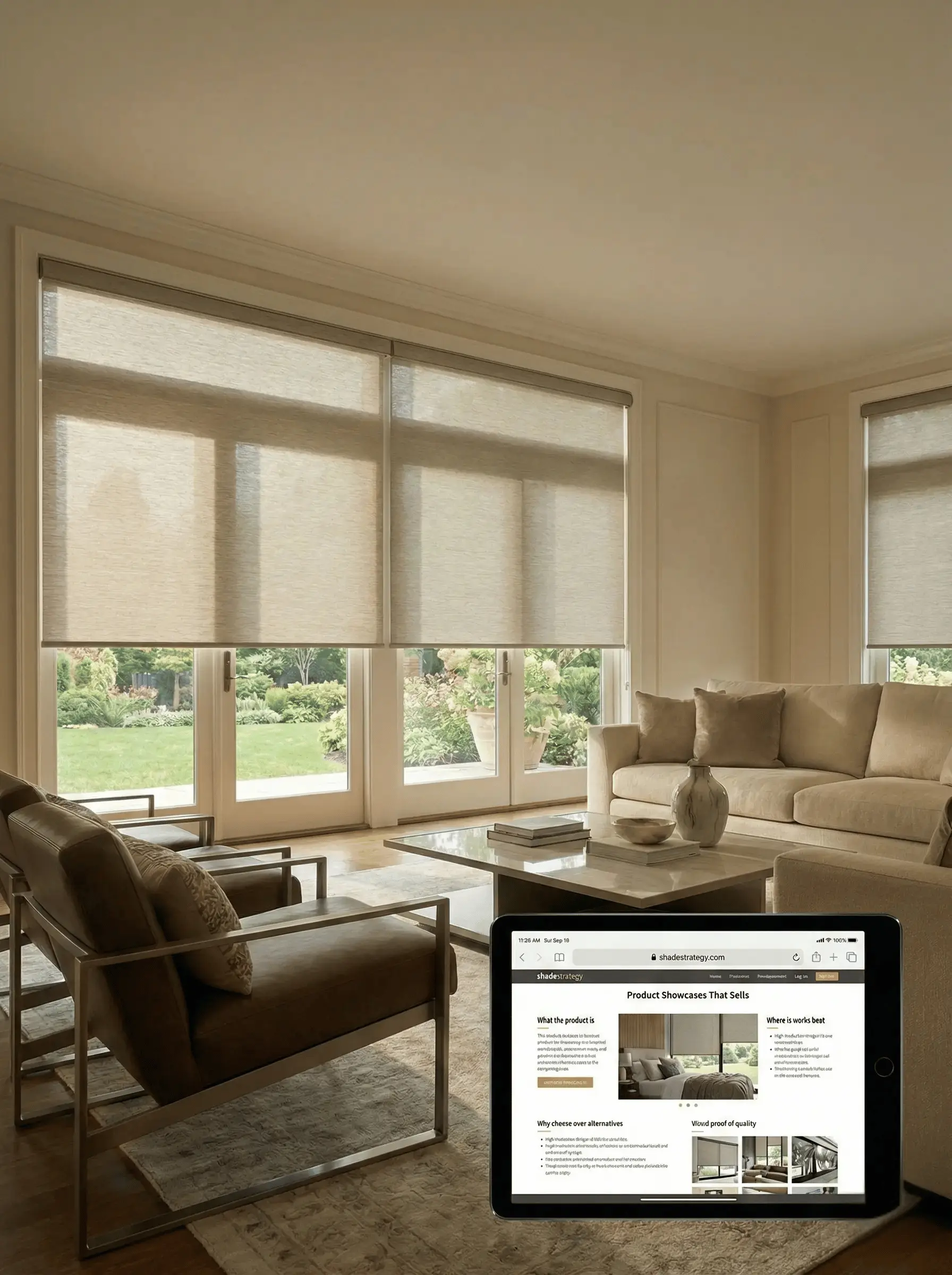 Modern living room with beige sofa, brown armchairs, a coffee table, and large windows with partially lowered roller shades showing a garden outside; a tablet displays a webpage about product showcases.