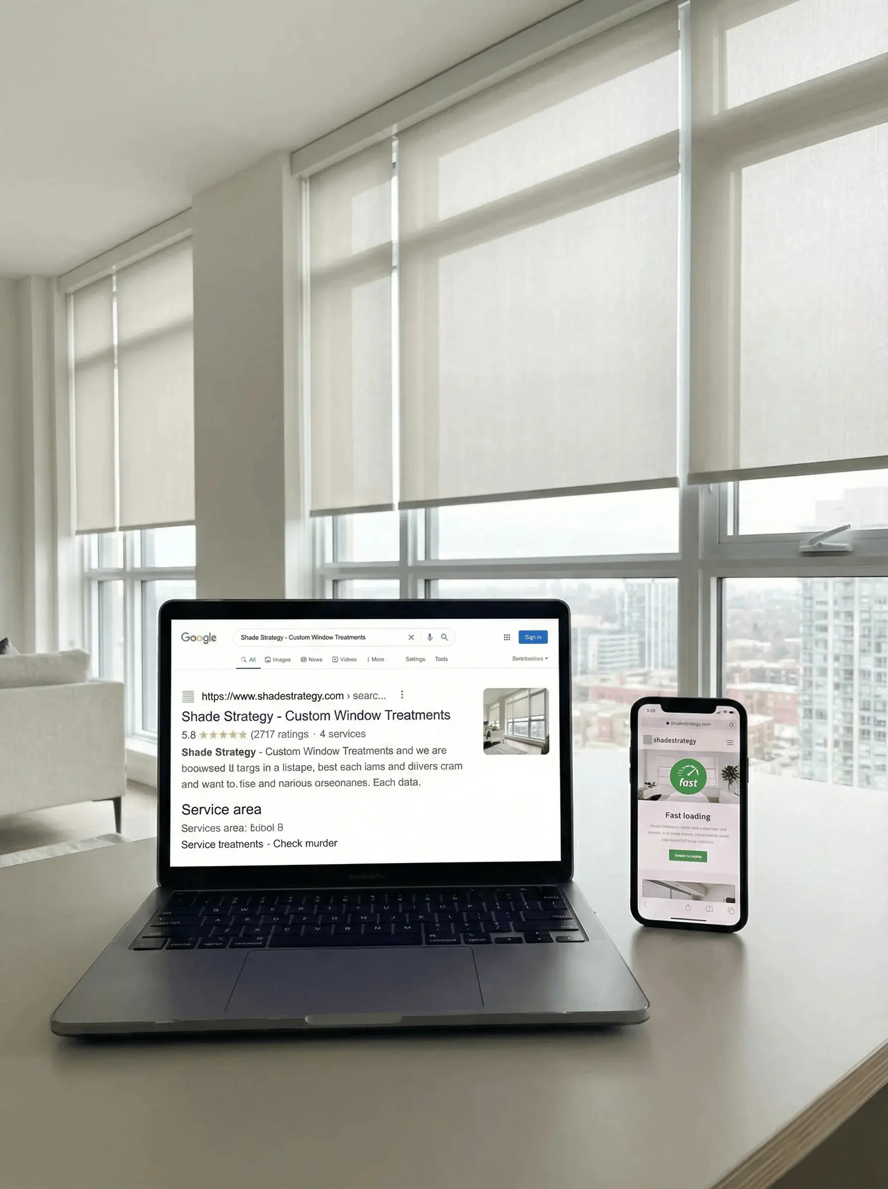 Laptop and smartphone on a table displaying Shade Strategy website content, with large windows and cityscape in the background.