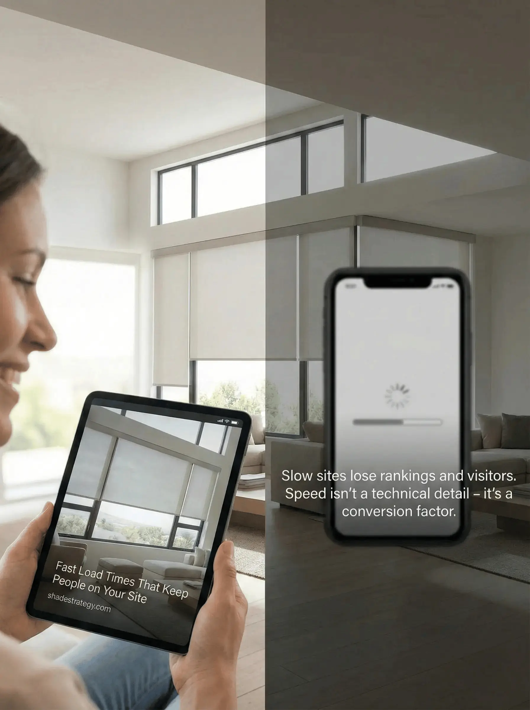 A woman holding a tablet showing a bright room with text about fast load times, next to a blurred smartphone with loading icon and text about slow sites losing rankings and visitors.