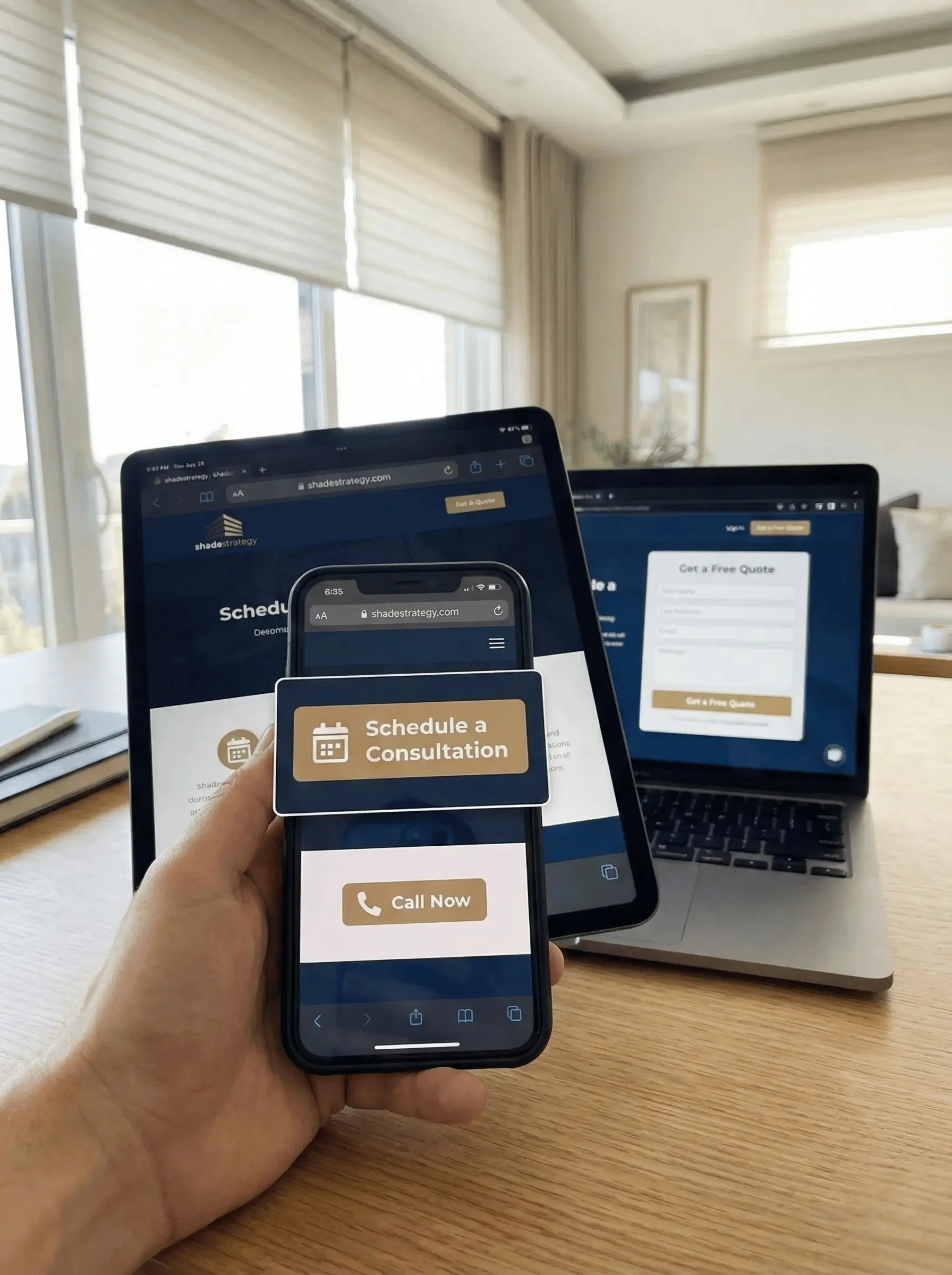 Hand holding smartphone displaying a website with buttons labeled Schedule a Consultation and Call Now, in front of a tablet and laptop showing similar websites.