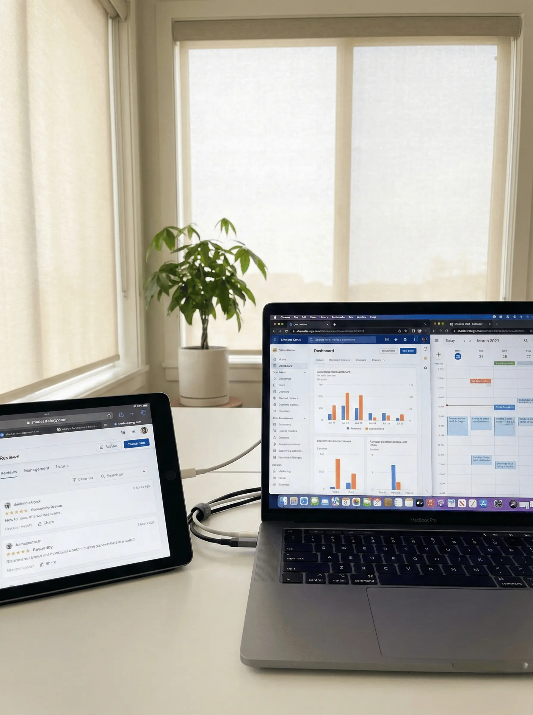 Laptop and tablet on a white desk near a window, both displaying analytic dashboards, with a small green potted plant in the background.