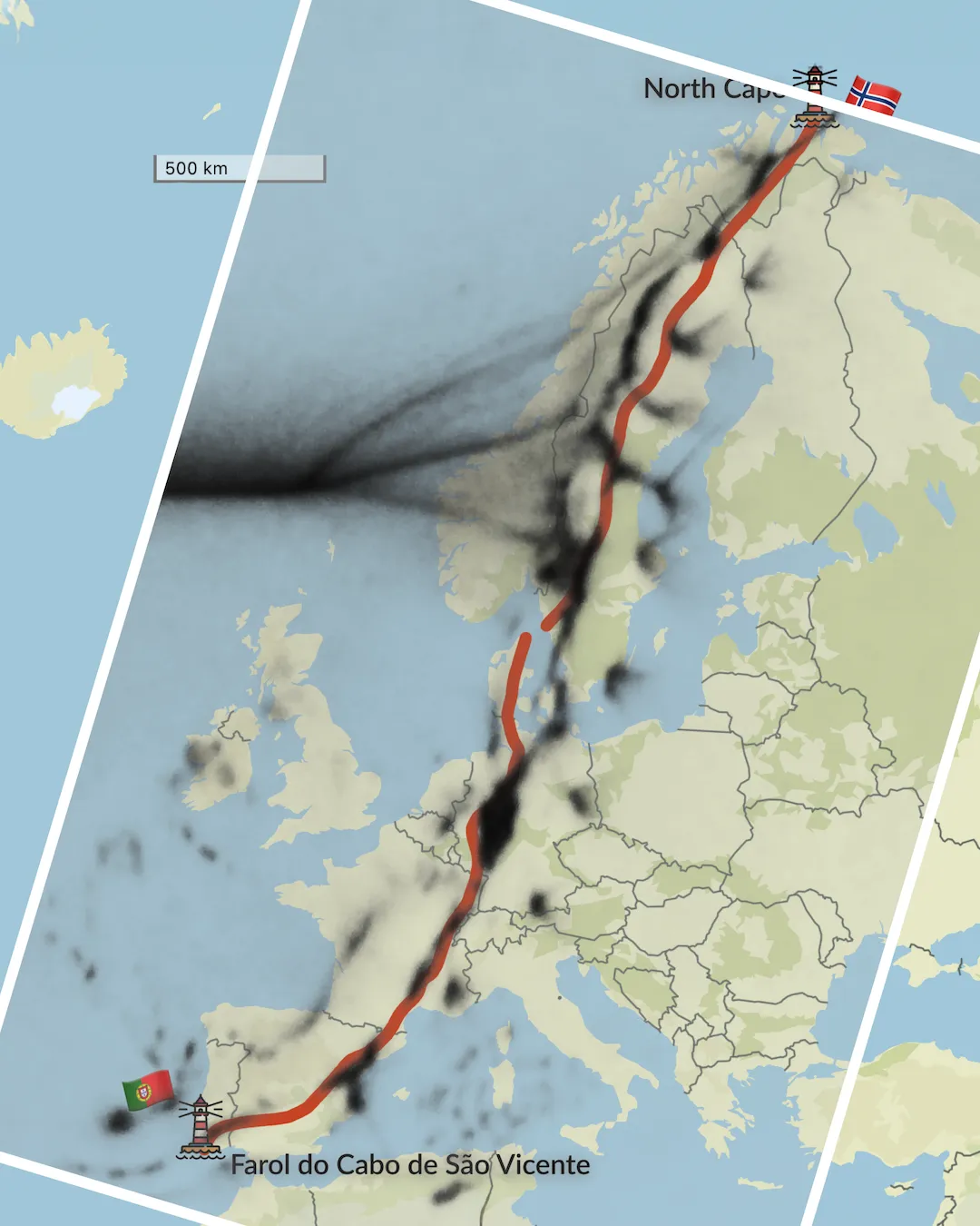 Detail einer Landkarte, vermutlich eine Route in Form einer Narbe eingetragen