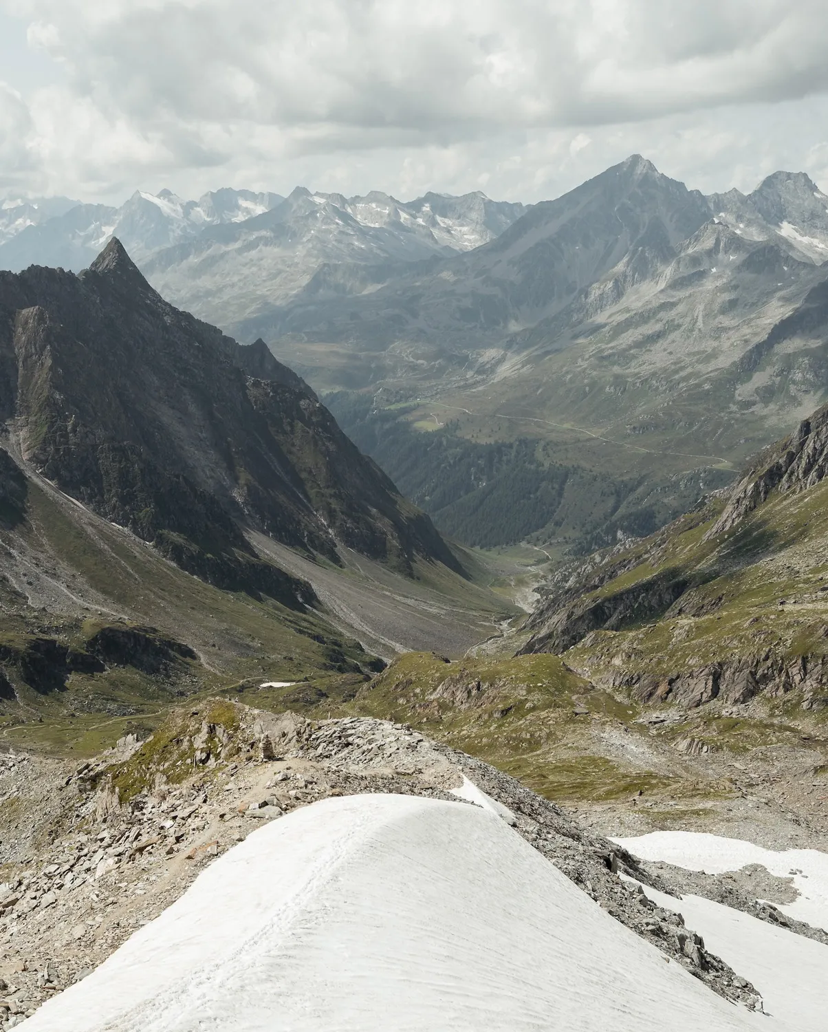 Hochtal mit steinigem Pfad, umgeben von Berggipfeln