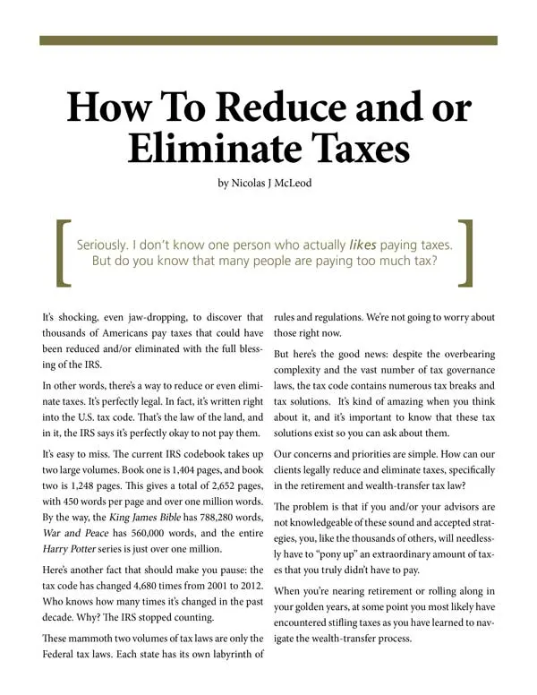 Image of article How to Reduce and or Eliminate Taxes