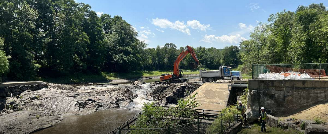 Wide view of a dam and trees. 