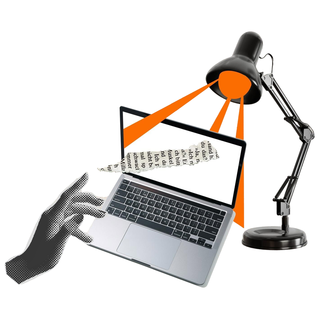 Woman in a blue blazer in front of a colorful film and media-themed background with popcorn and movie reels