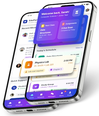 Two smartphones displaying a student dashboard app with schedule, messages, and alerts including classes like Data Structures and Physics Lab.