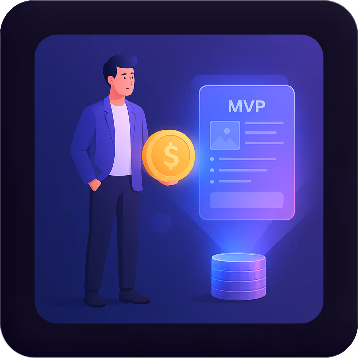 Illustration of a man holding a gold coin with a dollar sign near a glowing hologram labeled MVP projecting from a cylindrical device.
