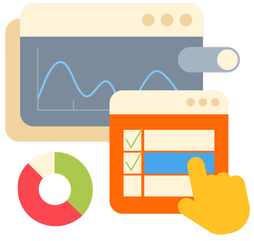 Illustration showing two data analysis windows: a line graph and a checklist with check marks, accompanied by a pie chart and a pointing hand cursor.