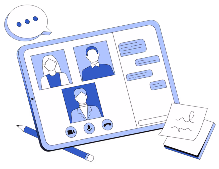 Tablet displaying an online video meeting with three participants and a chat window, accompanied by a pencil and sticky notes.