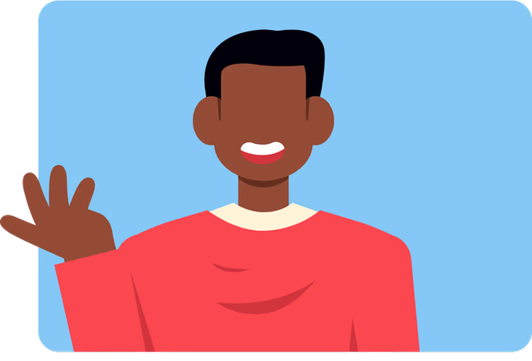 Illustration of a smiling person with dark skin and black hair waving with their right hand, wearing a red top against a blue background.