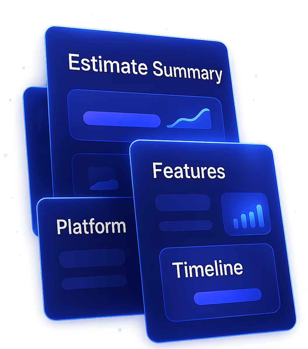 Blue glowing interface cards labeled Estimate Summary, Features, Platform, and Timeline with simple graphic elements.