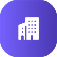 White office building icon on a rounded purple square background.