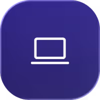 White laptop icon centered on a rounded dark blue square background.