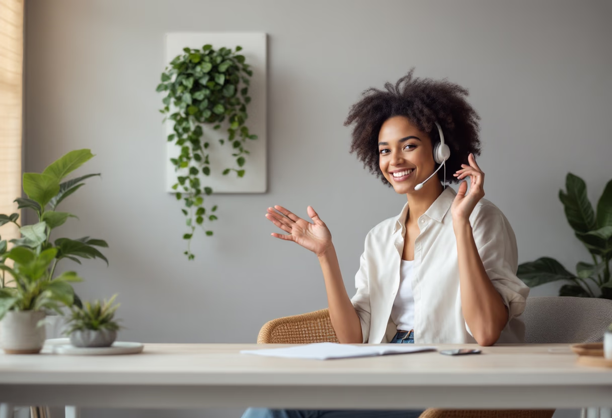 image of customer support representative on a call (for a ai biotech company)