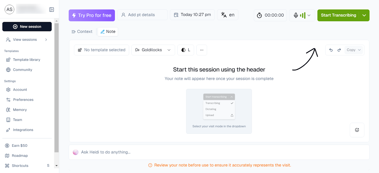 Heidi AI scribe dashboard with "Start Transcribing" button
