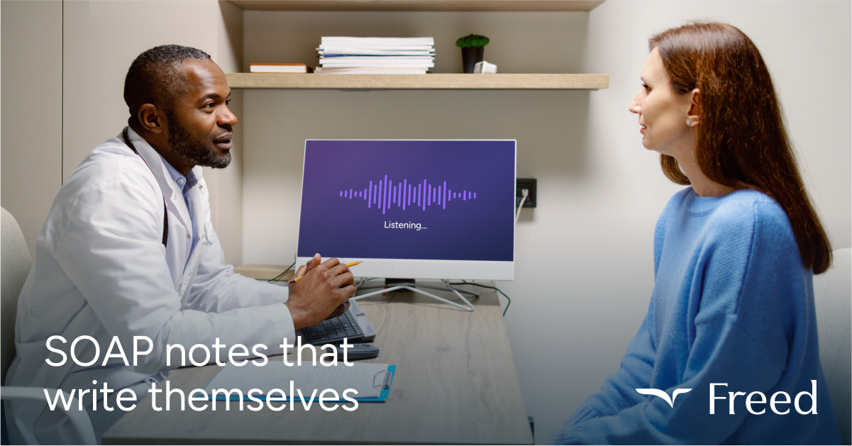 Doctor and patient with text: "SOAP notes that write themselves"