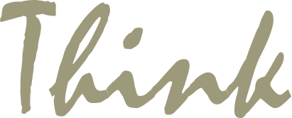 Handwritten cursive text reading 'Think' in brownish-green color on transparent background.