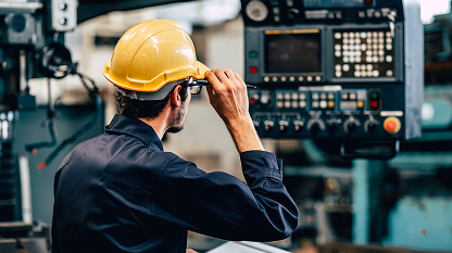 Engineer in a yellow hard hat operating a control panel in an industrial setting.